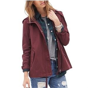 Forever‎ 21 Womens M Burgundy Cotton Hooded Utility Parka Grunge Jacket Maroon